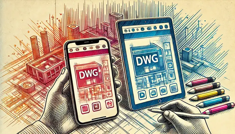 Illustration of a smartphone and tablet displaying DWG files, with technical drawings in the background