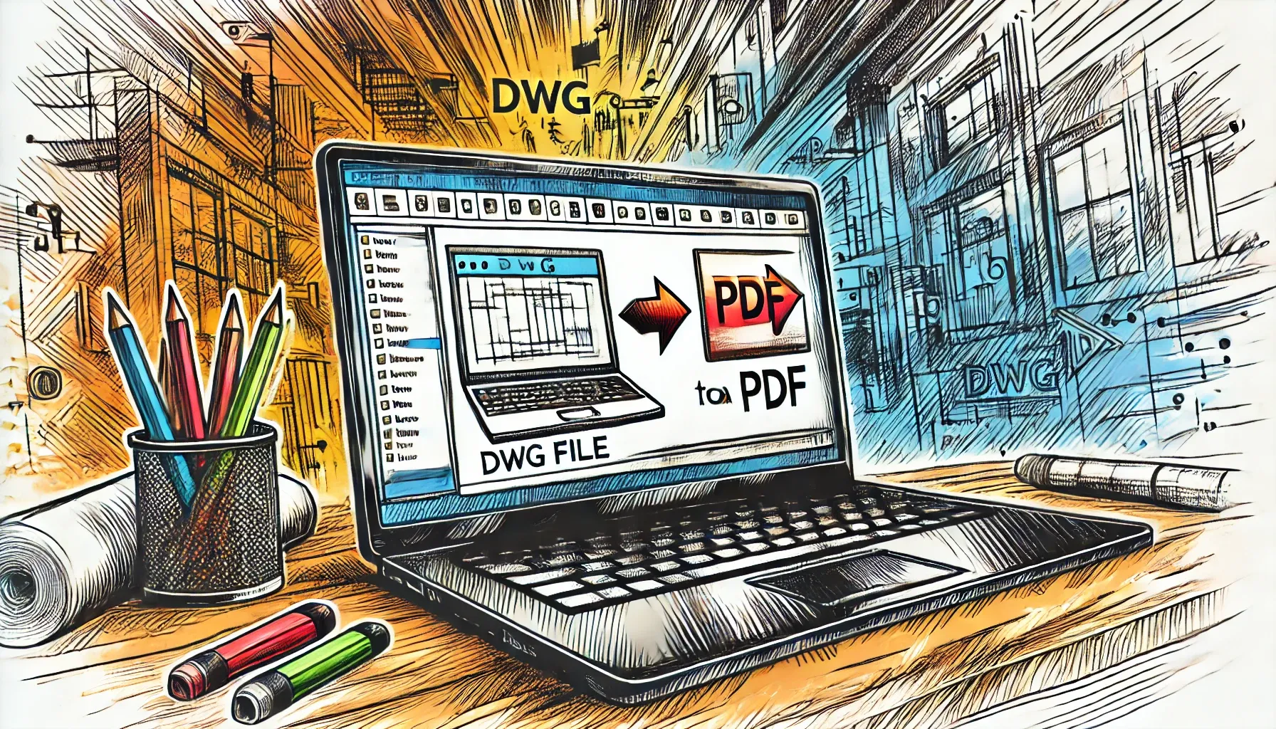 Laptop on a desk showing a conversion from DWG to PDF